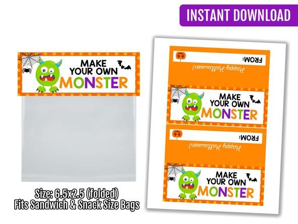 Build Your Own Monster Bag Topper Printable Halloween Tag Instant 