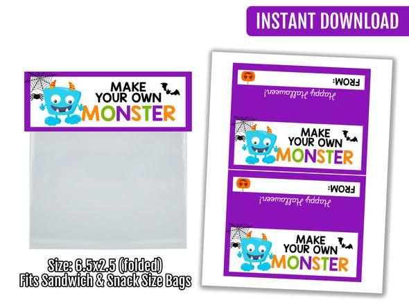 Build Your Own Monster Bag Topper Printable Halloween Tag Instant