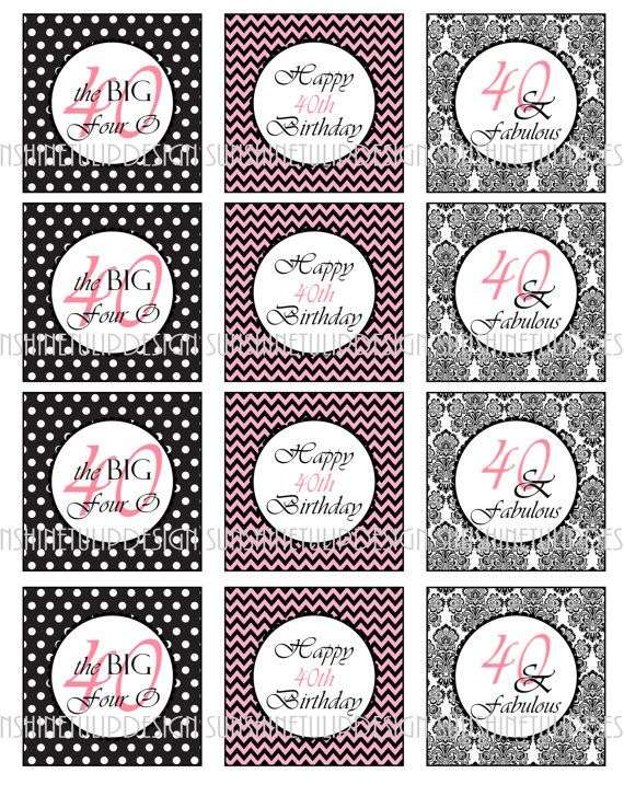 Printable 40th Birthday Cupcake Toppers Pink And Black Chevron Party 