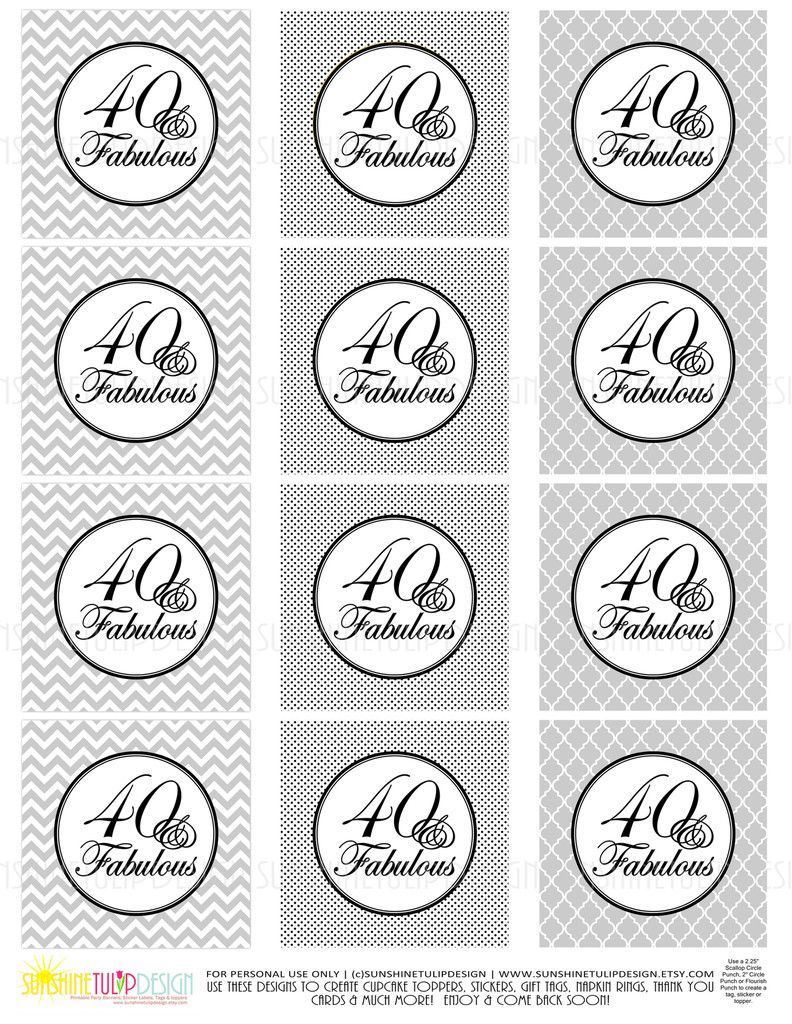 Printable 40 And Fabulous Black Gray Birthday Cupcake Toppers