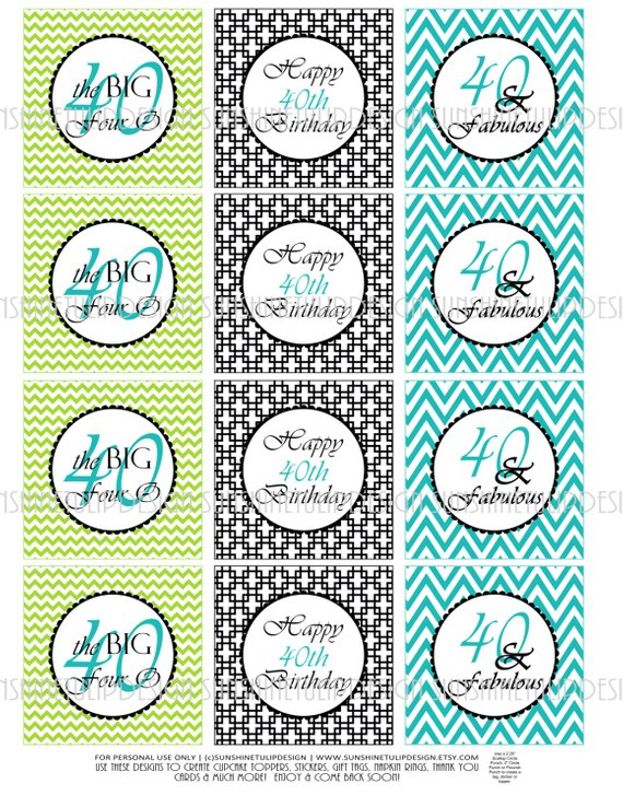 40th Birthday Turquoise And Lime Chevron Printable Cupcake Toppers 
