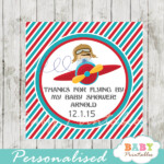Red Turquoise Little Pilot Baby Shower Square Labels D168 Baby