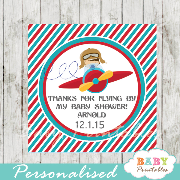 Red Turquoise Little Pilot Baby Shower Square Labels D168 Baby 
