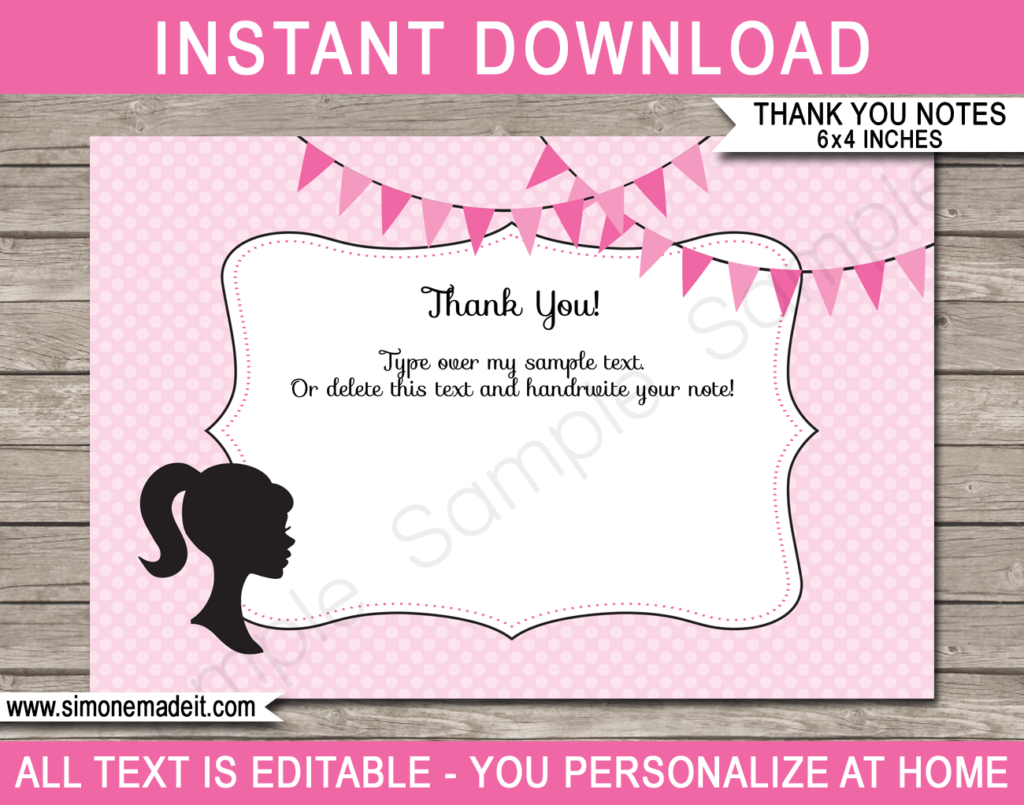 Printable Barbie Party Thank You Cards Barbie Birthday Party Notes