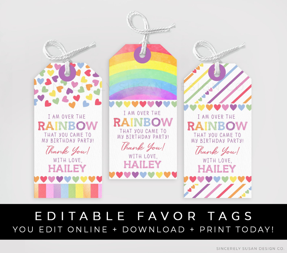 Rainbow Birthday Favor Tags Printable Thank You Gift Tag Editable 