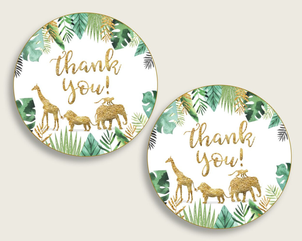 Jungle Baby Shower Round Thank You Tags 2 Inch Printable Gold Green 