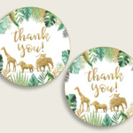 Jungle Baby Shower Round Thank You Tags 2 Inch Printable Gold Green