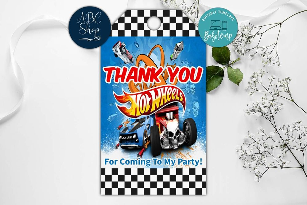 Printable Hot Wheels Birthday Thank You Tags Instant Download Bobotemp