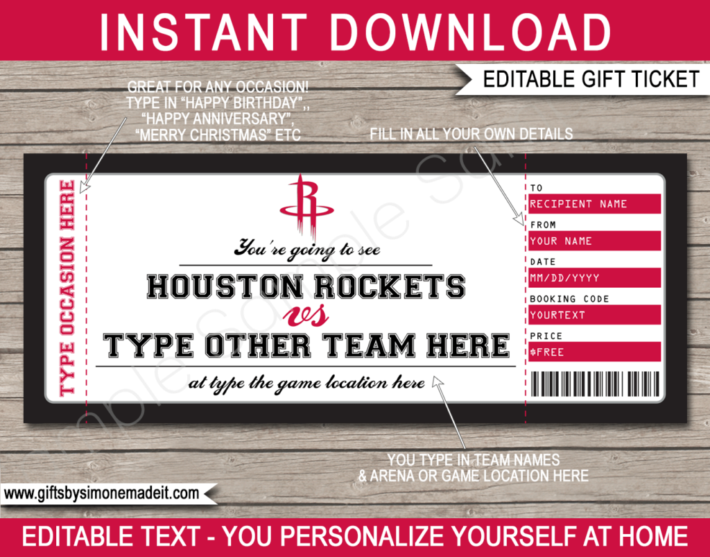 Houston Rockets Game Ticket Gift Voucher Printable Surprise NBA 