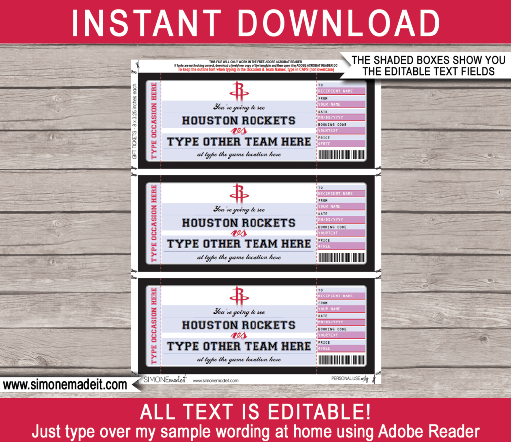 Houston Rockets Game Ticket Gift Voucher Printable Surprise NBA 