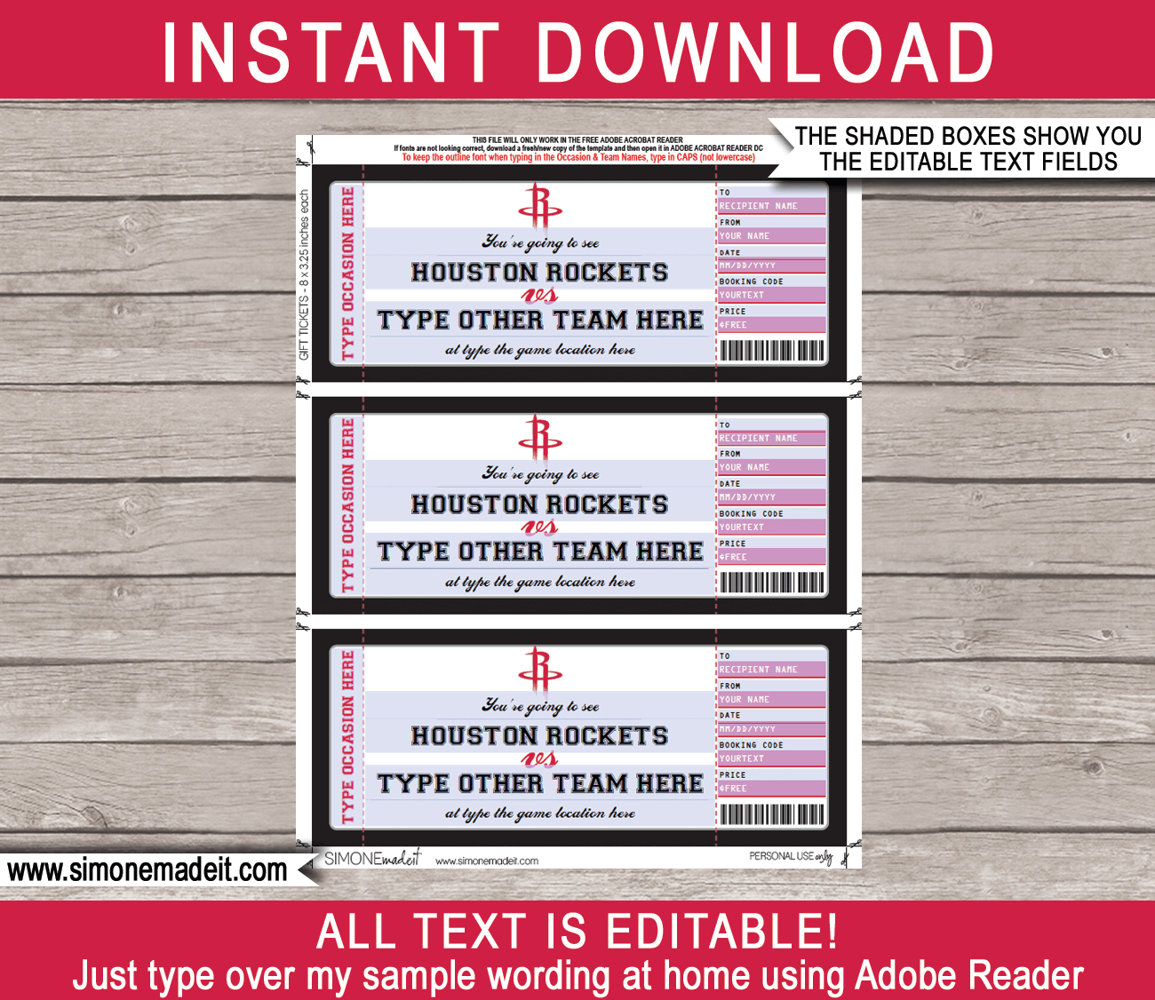 Houston Rockets Game Ticket Gift Voucher Printable Surprise NBA