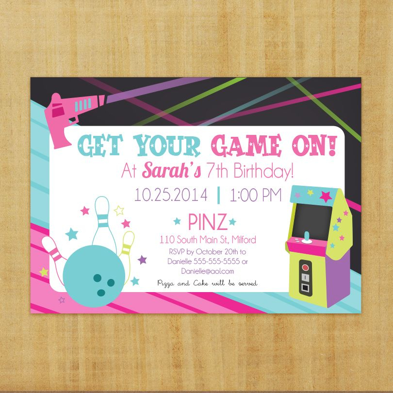 Cute Laser Tag Party Bowling Party Arcade Party Invitation Designed 
