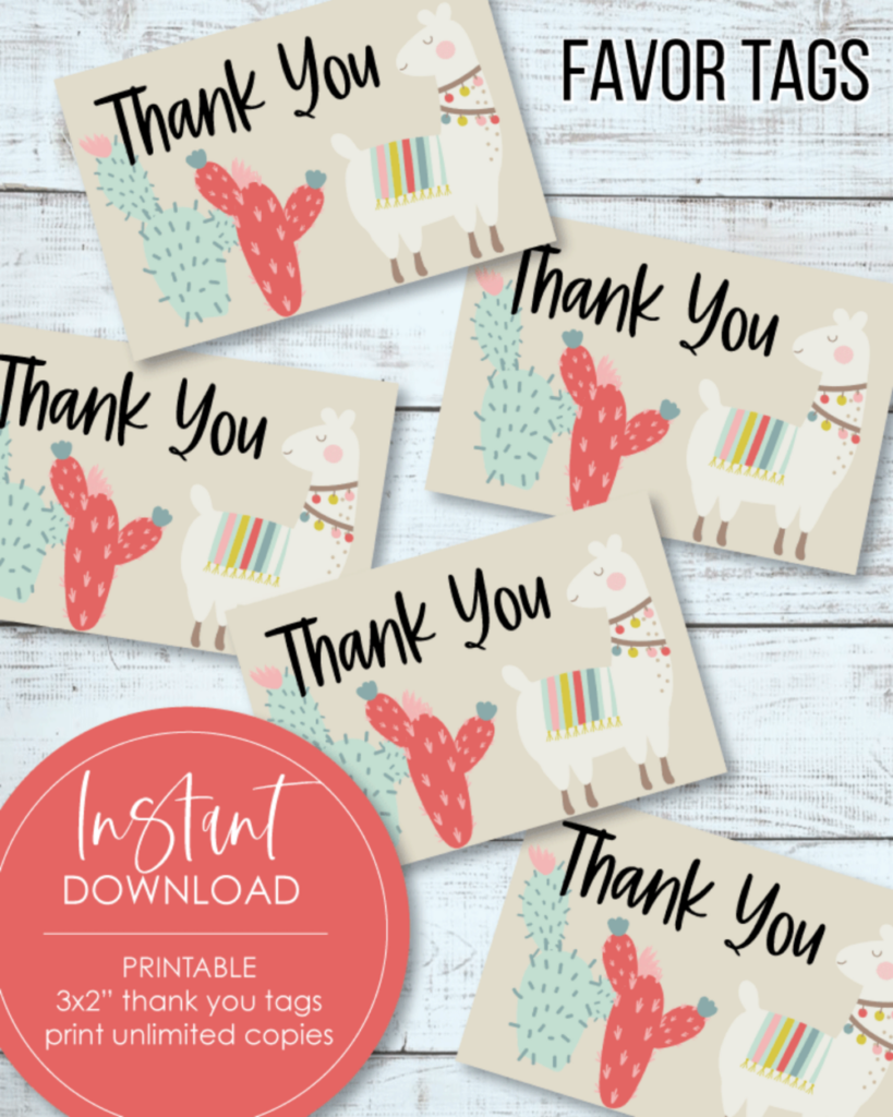 Printable 3x2 Thank You Tags Llama Boho Cactus Theme Free Baby 