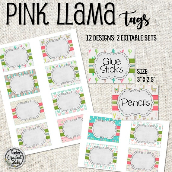 Printable Pink Llama Tags Editable Organizational Tags Etsy