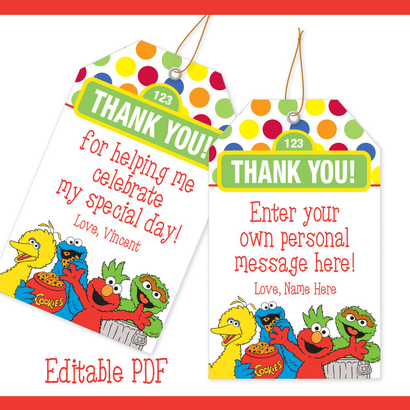 EDITABLE PDF Sesame Street Favor Tag Thank You Tag