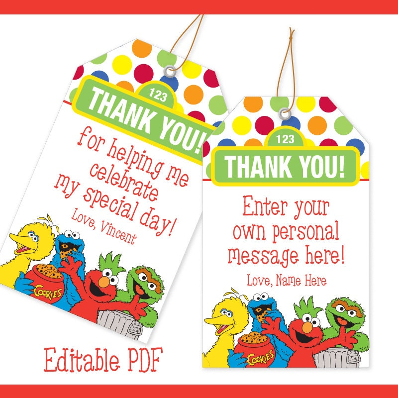 EDITABLE PDF Sesame Street Favor Tag Thank You Tag