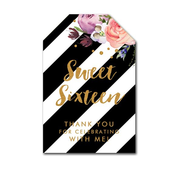 Thank You Tags Sweet Sixteen 16 Black White Gold Glitter Flowers 