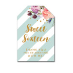Thank You Tags Sweet Sixteen 16 Mint Green Gold Glitter Flowers