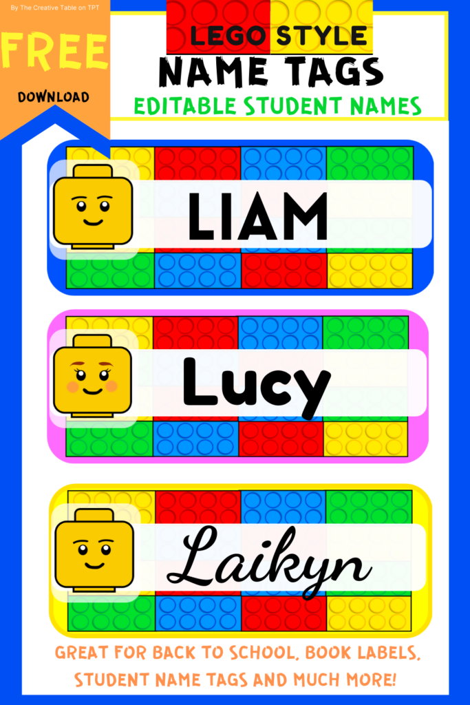 STUDENT NAME TAGS LEGO STYLE Name Tag For School School Labels 